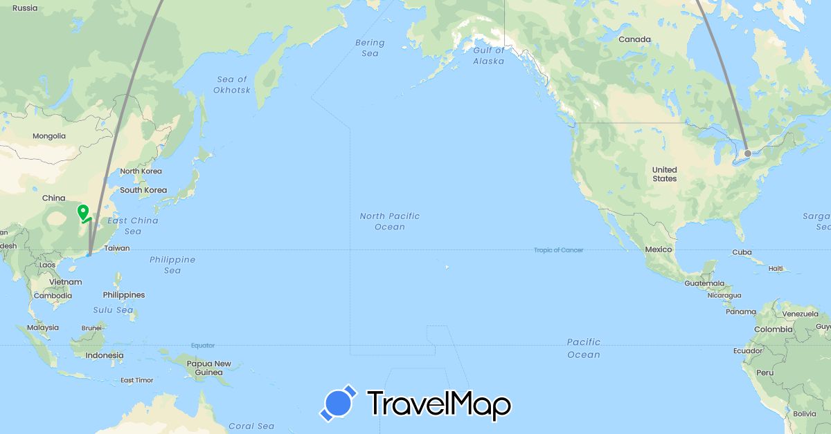 TravelMap itinerary: bus, plane, boat in Canada, China (Asia, North America)